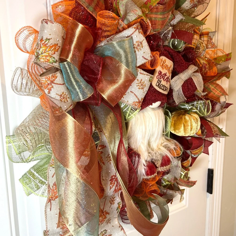 Autum Fall Ribbon Wreath Thankful Gnome Handmade 22 in’s. #W3